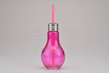 Sklenička na drink s plechovým víčkem a brčkem - Růžová žárovka